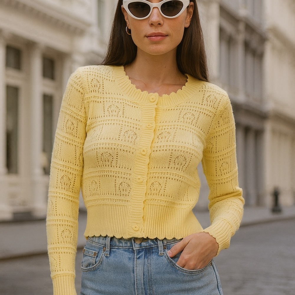 Women’s Faith & Zoe Buttercream Yellow Knit Button-Front Cardigan Sweater Medium - Picture 7 of 13